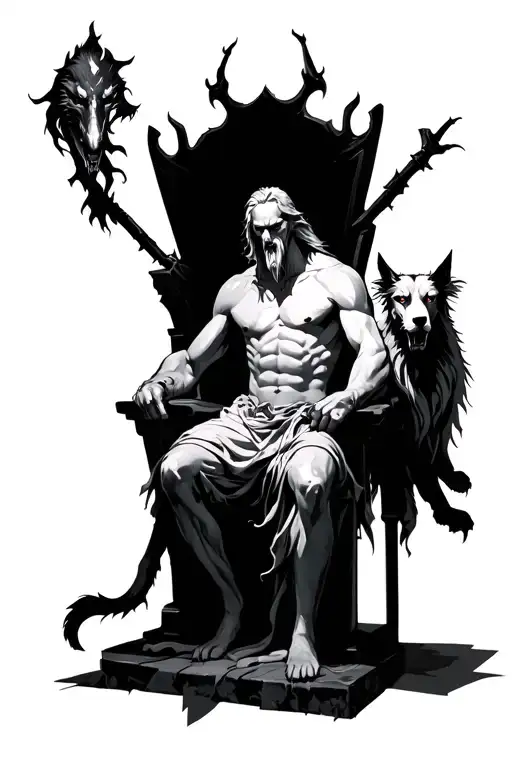 Hades Sitting On A Throne With Cerberus