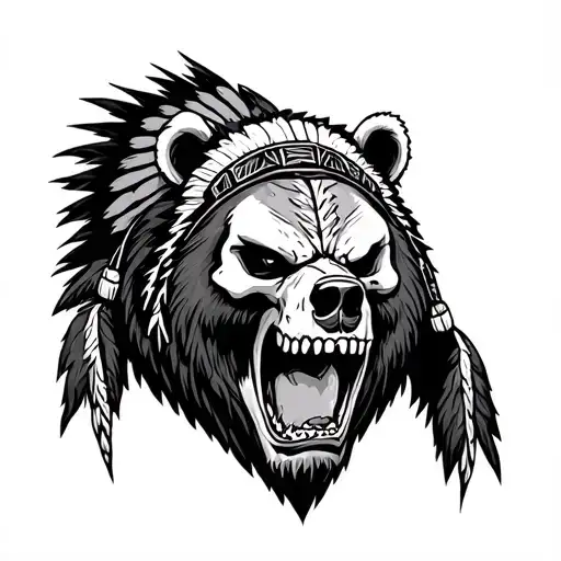 Angry Bear With A Native American Skull Above It