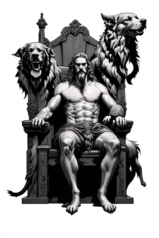 Hades Sitting On A Throne With 3 Headed Dog Cerberus