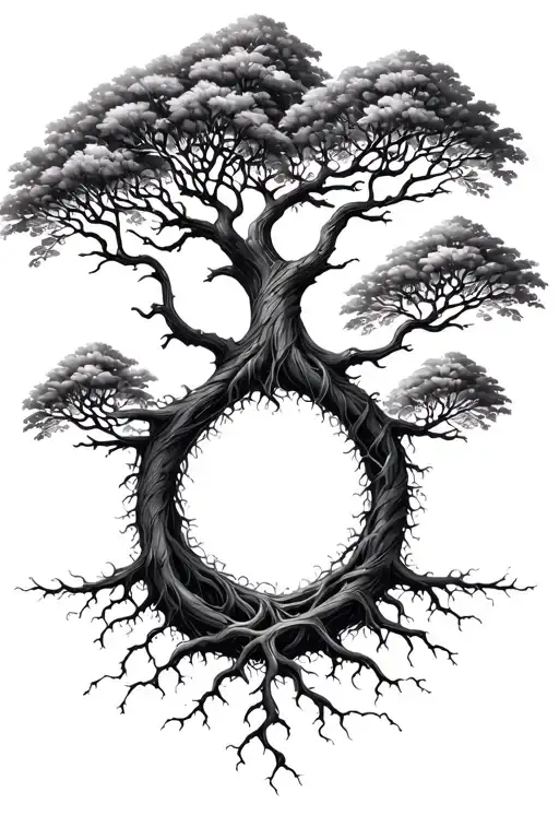 Tree Of Life With Big Beautiful Branches And Interwoven Roots