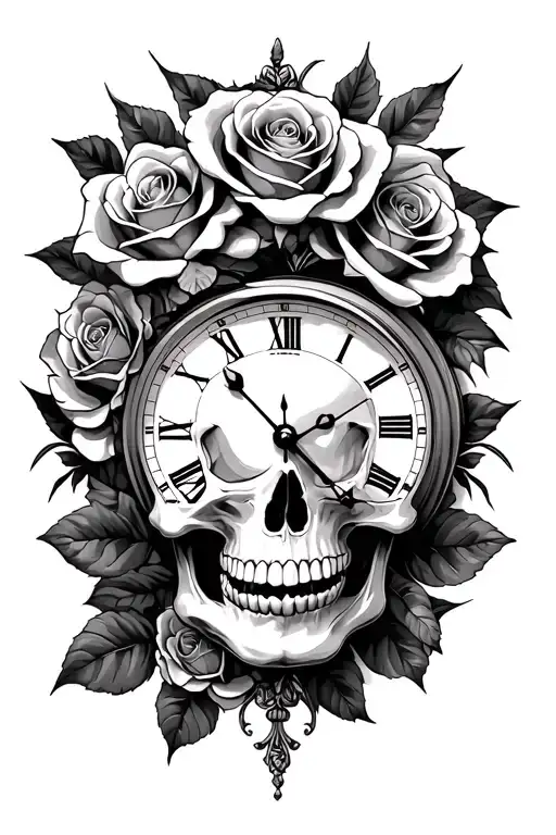 Skull Roses And A Clock