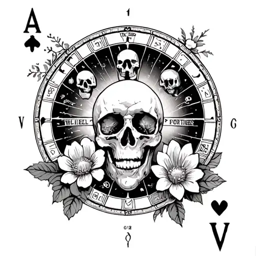 Wheel Of Fortune Tarot Card With Skulls And Flowers