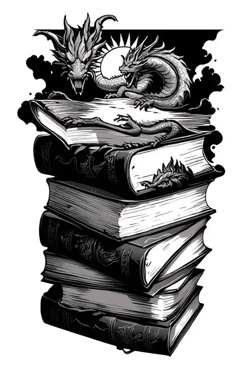 Stack Of Books With A Dragon And A Sun Rising
