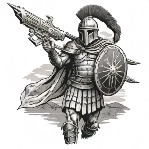 Roman Hoplite Wearing M1956 Web Gear Holding A Spear And Shield With A Slung Ak-47