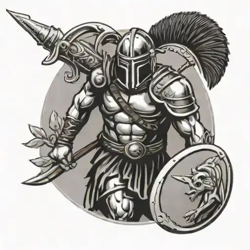 Standing Roman Hoplite Wearing M1956 Web Gear Holding A Spear And Shield With A Ak-47 In Hand