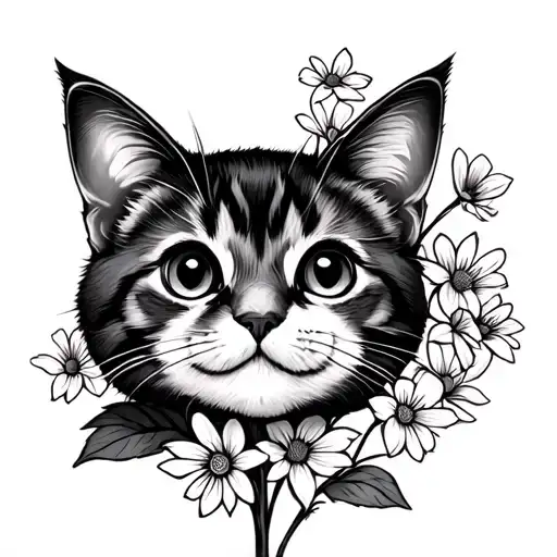 Happy Cat With Flowers Blooming