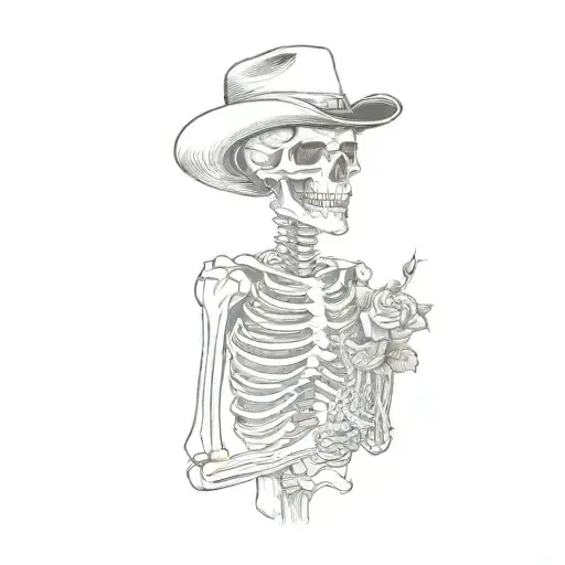 A Skeleton In A Cowboy Hat With Rose In Mouth