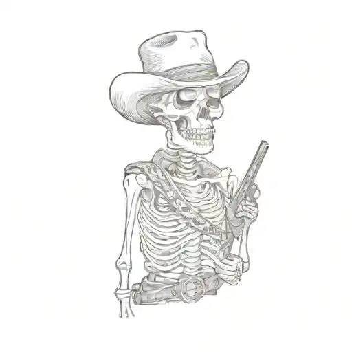 A Skeleton In A Cowboy Hat With Bandana Over Face Holding A Gun