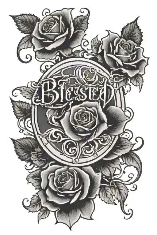 The Word Blessed Letters Surrounded By Black Roses Around It