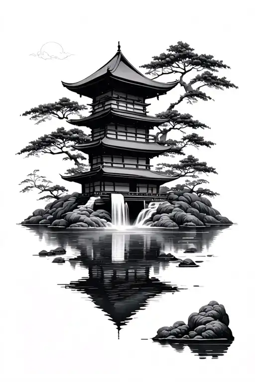 Japanese Temple With Bamboo And Waterfall