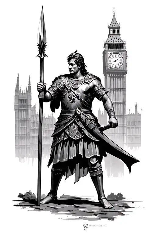 A Roman Warrior With A Spear With A London Clock In The Background