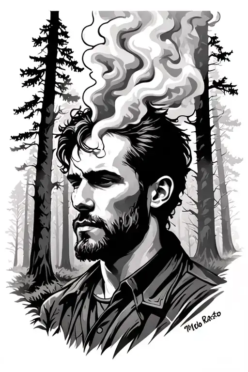 Forest Smoke From Campfire Shodow Of A Man