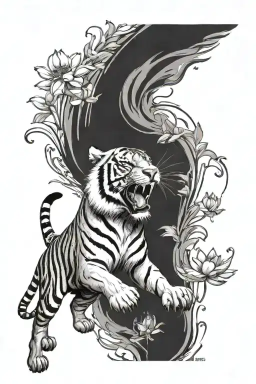 Screaming Full Body Of Tiger With Lotus Flower