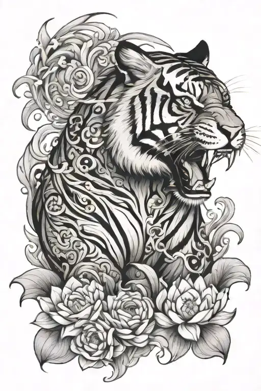 Screaming Full Body Of Tiger Back With Lotus Flower