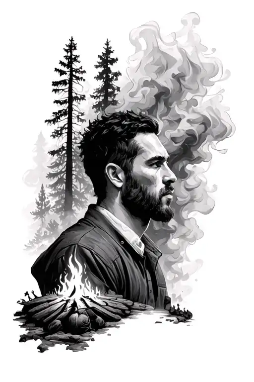 Forest Smoke From Campfire Shadow Of A Man