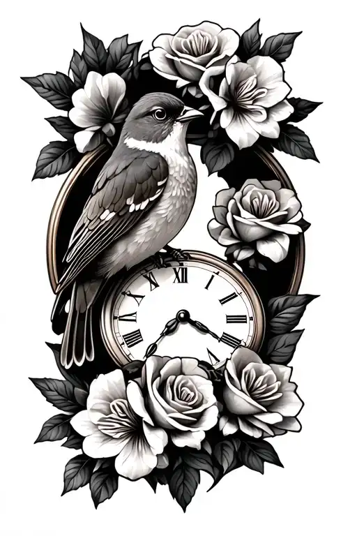 Robin Bird Perched On Pocket Watch Surrounded Roses And Freesias