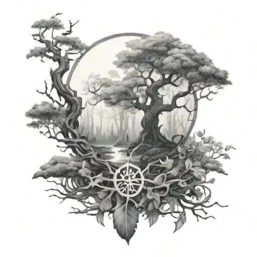 A Mystical Forest With Hidden Martial Arts Symbols Intertwined With The Trees And Leaves