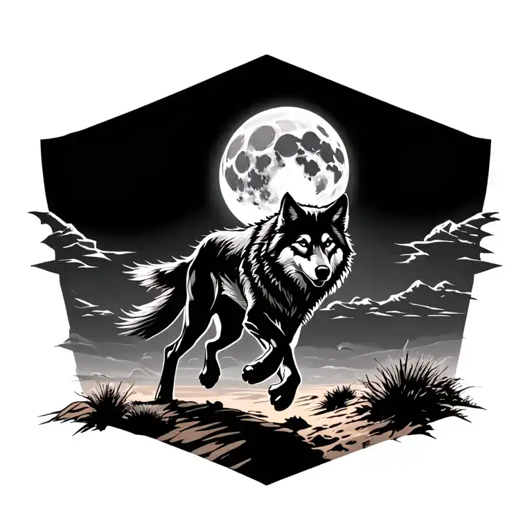 A Wolf Sprinting Through The Desert With All Four Legs Off The Ground Silhouetted By The Full Moon
