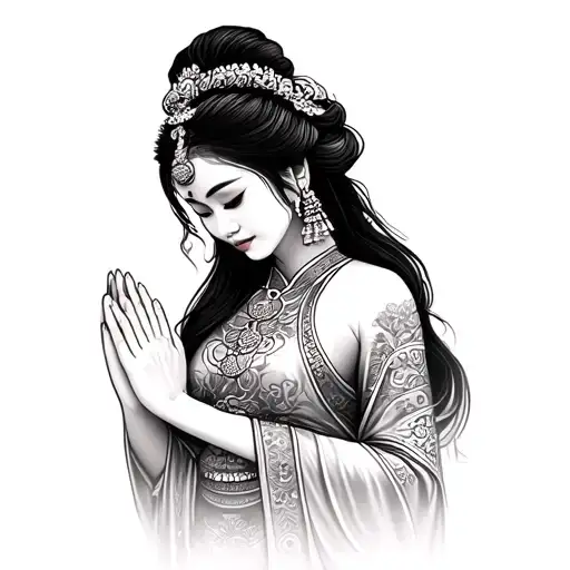 Thai Woman Wearing Traditional Dress With Praying Hands