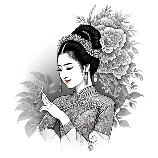 Thai Woman Wearing Traditional Dress Wai Greeting