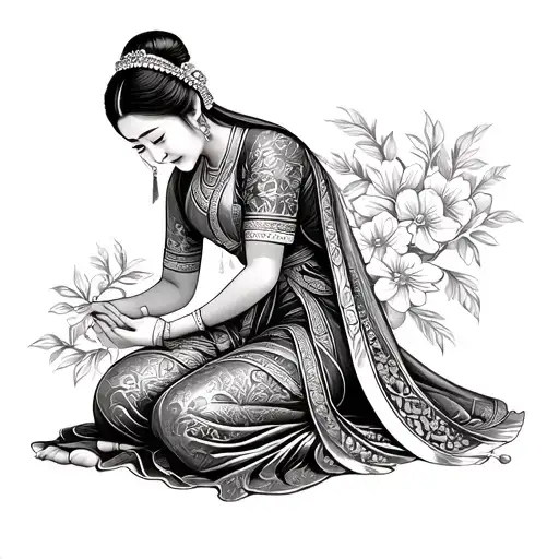 Thai Woman Wearing Traditional Dress While Bowing In Greeting