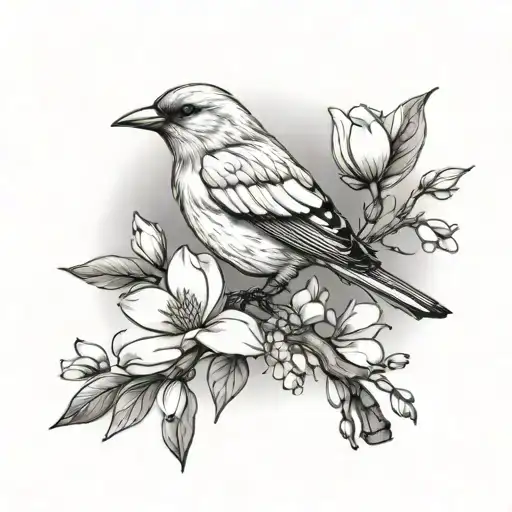 Bird Perched On A Magnolia Branch With Magnolia Flowers