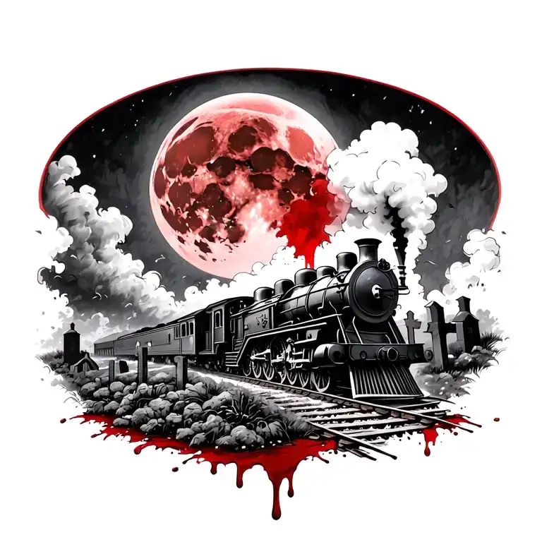 Graveyard With Blood Red Moon And A Steam Train In The Background