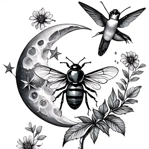 Plants Star Moon Ladybug Bee And Hummingbird