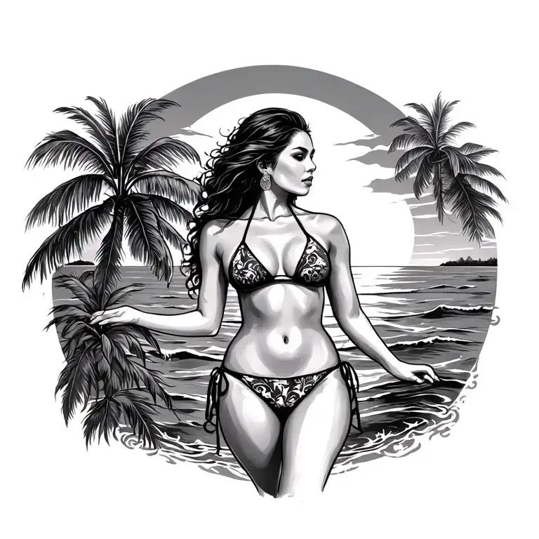 Lady By The Sea In A Bikini Looking Out On The Sundown In Black And Grey Traditional Style