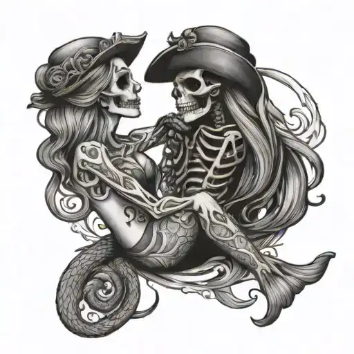 Mermaid And Skeleton Pirate Kissing