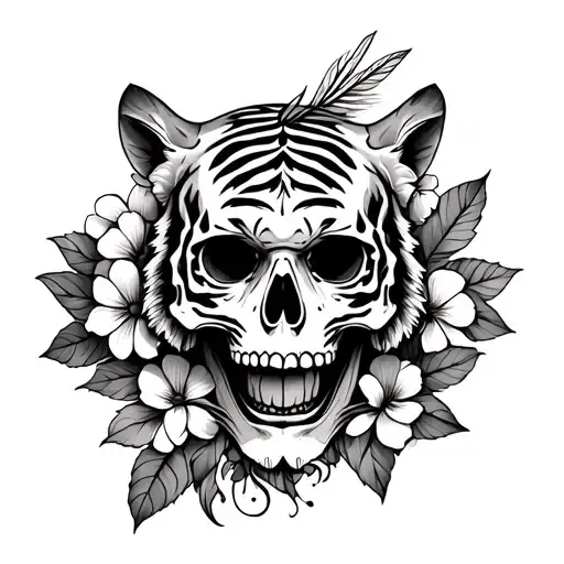 Skull With Tiger Plume With Flowers