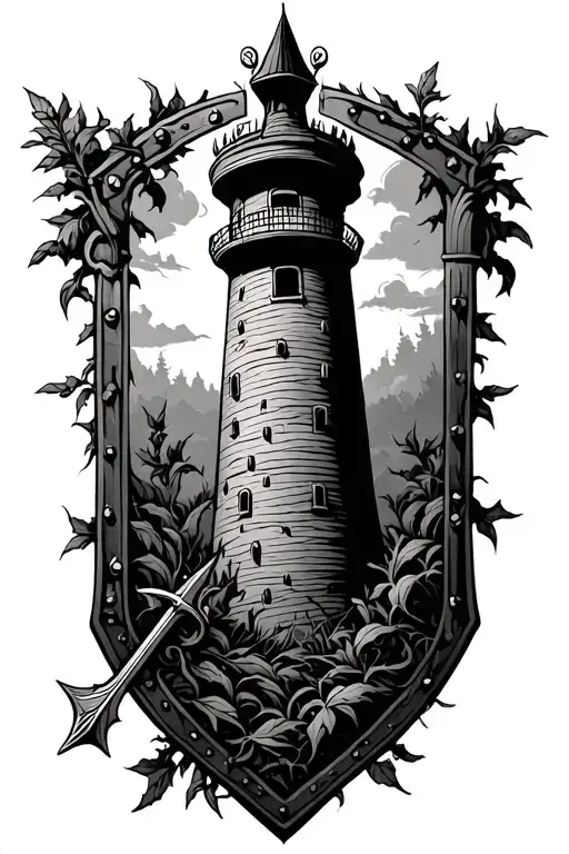 Shield With Watch Tower Surrounded By Vines And Having A Spear