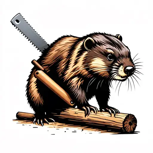 A Beaver Cutting Wood With A Handsaw