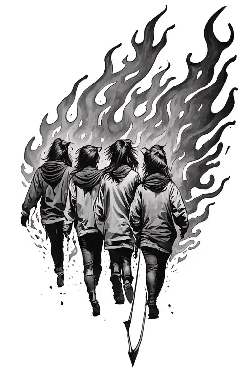 4 Sillouhetts Walking In A Fire