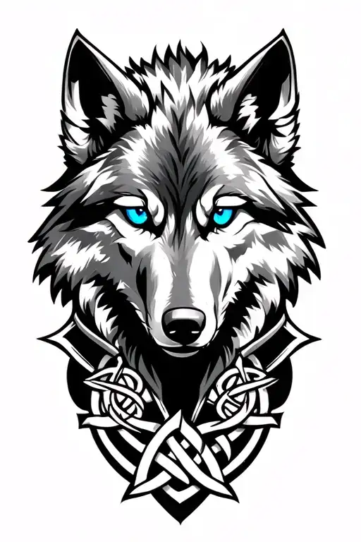 Wolf With Blue Eyes On Armor Tattoo Design Featuring Celtic Trinity Knot