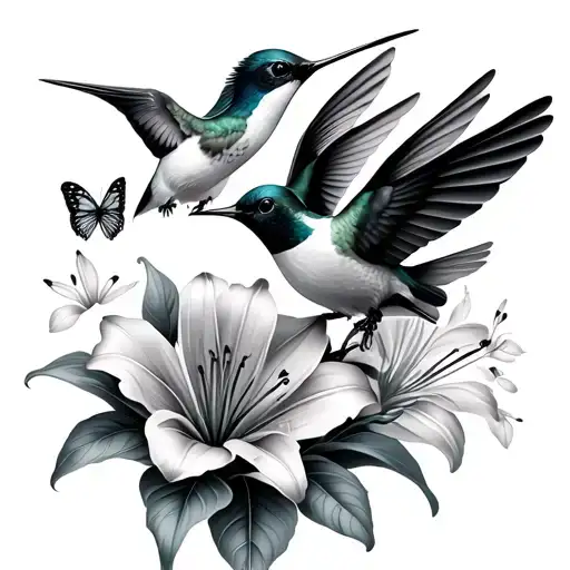 Hummingbirds With Lily Flowers And Small Butterflies