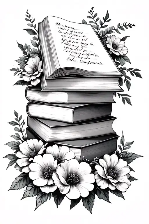Stack Of Books Surrounded By Flowers With A Whipped Out Page That Has Writing On It