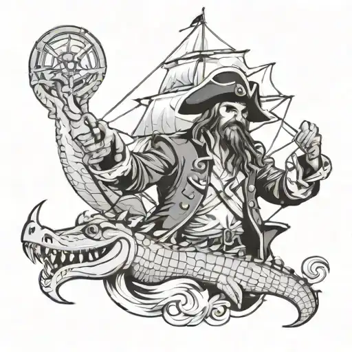 Half Sleve Pirate And Crocodile And Pirate Ship Sailing