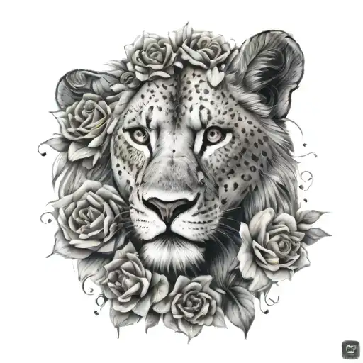 Half Lion Face With Half Wome Face With Lion Cub And Flowers Tattoo Dotted Design