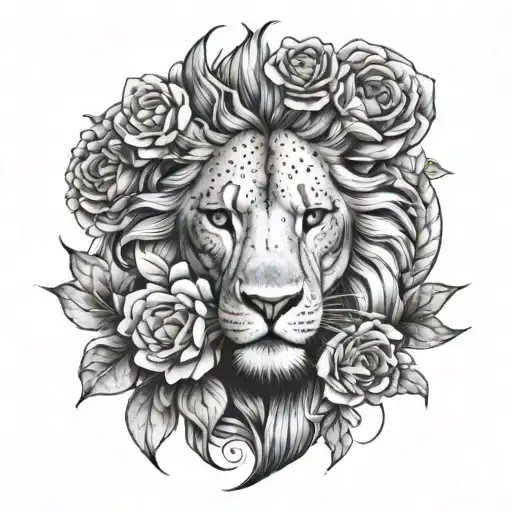 Half Lion Face With Half Womem Face And Lion Cub And Flowers Tattoo Dotted Design