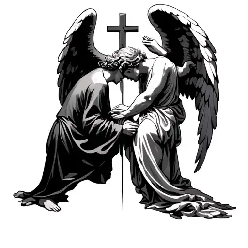 A Cross Under Him An Angel Bowing His Head And His Tail Hold Their Hands