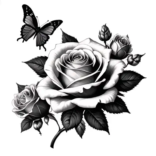 Rose And Three Small Surrounding Roses And Butterfly