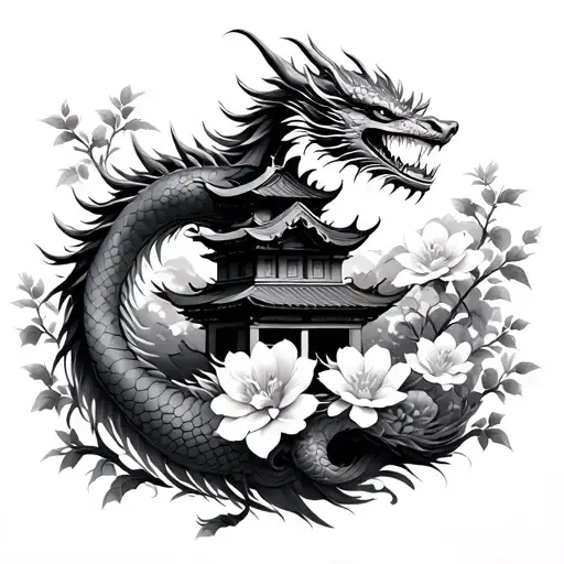 Japanese Dragon Temple Surrounded By Blooming Flowers