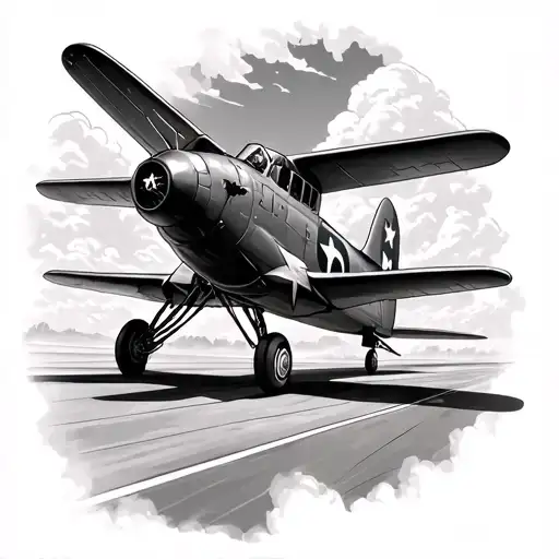 Old War Plane On A Runway And Clouds Above Where There Is A Head Of A Pilot