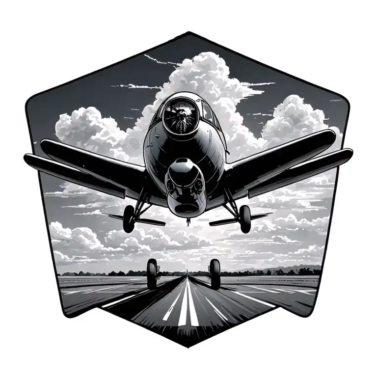 Old War Plane On A Runway And Clouds Above Where There Is A Head Of A Pilot