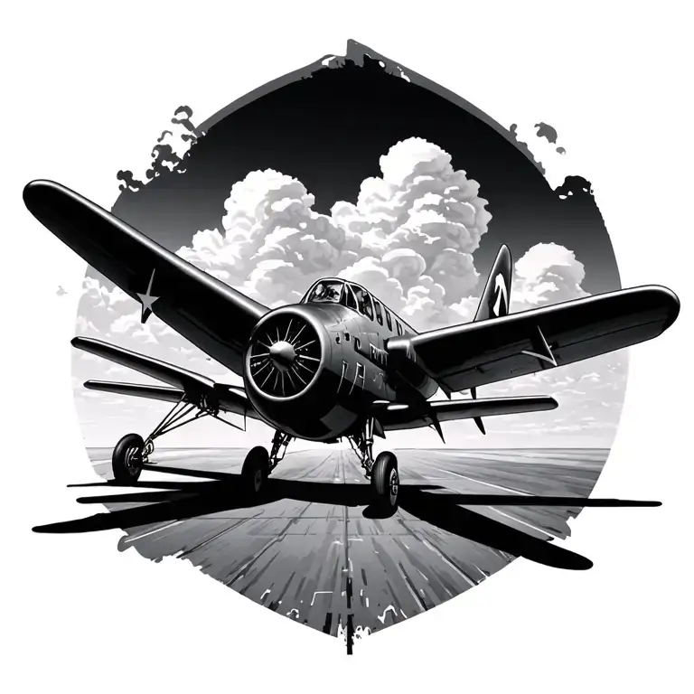 Old War Plane On A Runway And Clouds Above Where There Is A Head Of A Pilot