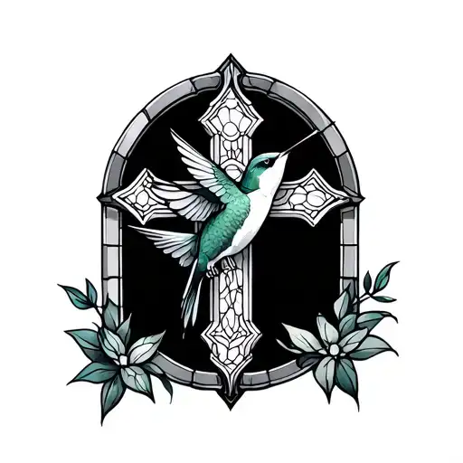 Stain Glass Window With Cross And Hummingbird Line Work Tattoo Inside The Window