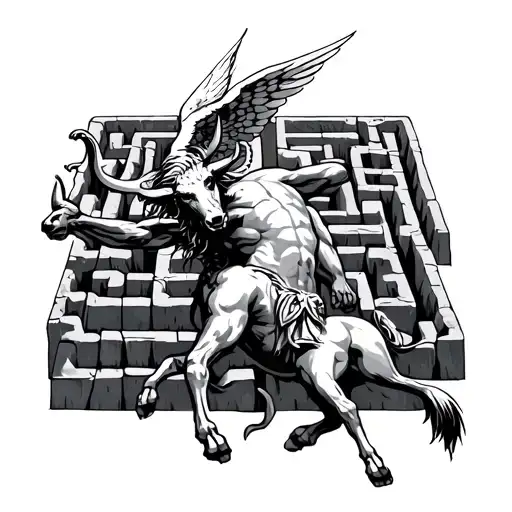 Icarus Above The Labyrinth Maze With The Minotaur In Chase