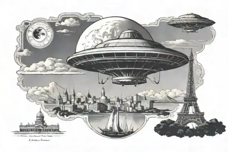 A Vintage Travel Postcard Design Featuring A Ufo Hovering Over Famous Landmarks
