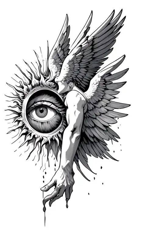 Icarus With Wings Falling From Sun With Eye Inside On Outside Forearm
